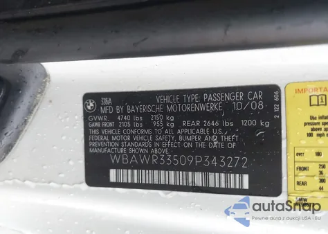 2009 BMW 328I z USA, uszkodzony, nr VIN WBAWR33509P343272